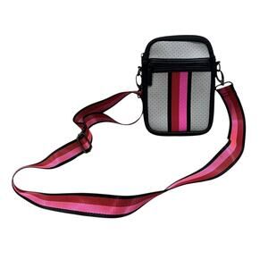 Haute Shore Crossbody Bag Womens Gray Pink Black Stripe Neoprene Phone Purse